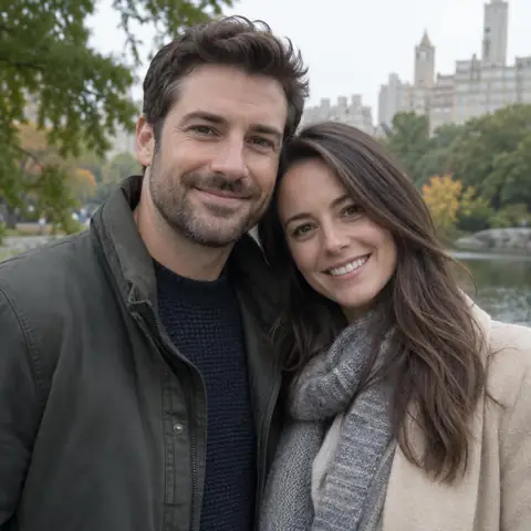 An AI-generated photo of a couple standing together in a park