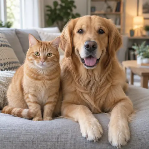 AI-generated photo of a cat and a dog sitting side by side on a sofa