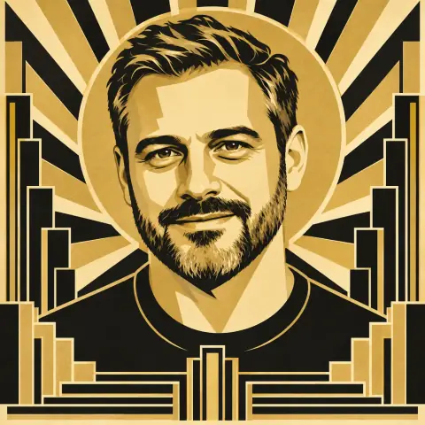 AI-generated portrait of a fictional adult man in the Art Deco style