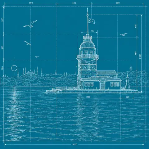 AI-generated photo of the Maiden's Tower in Istanbul in the Blueprint style