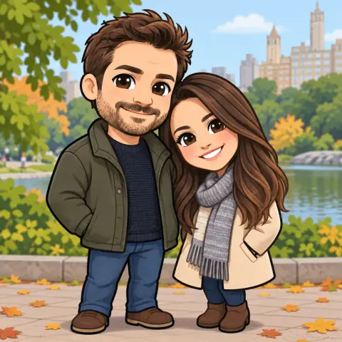 An AI-generated photo of a couple standing together in a park in the Chibi Proportions style