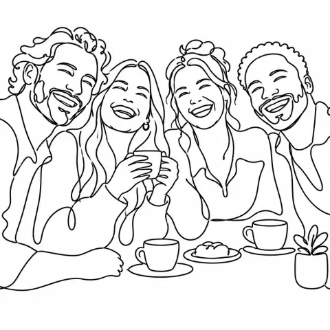 An AI-generated photo of four friends laughing at a café in the Continuous Line style