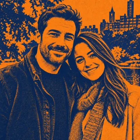 An AI-generated photo of a couple standing together in a park in the Duotone Poster style