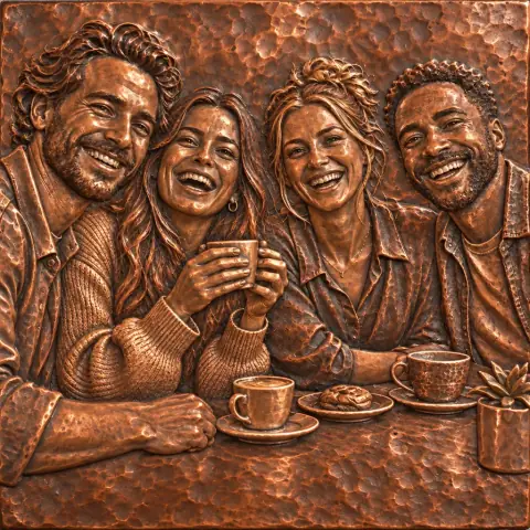 An AI-generated photo of four friends laughing at a café in the Embossed Copper style