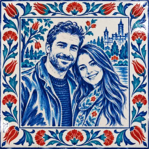 An AI-generated photo of a couple standing together in a park in the Iznik Tile style