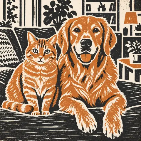 AI-generated photo of a cat and a dog sitting side by side on a sofa in the Linocut style