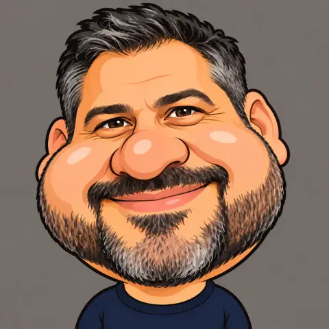 AI-generated portrait of a fictional adult man in the Inflated Caricature style
