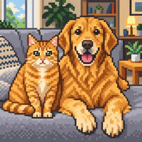 AI-generated photo of a cat and a dog sitting side by side on a sofa in the Pixel Art style
