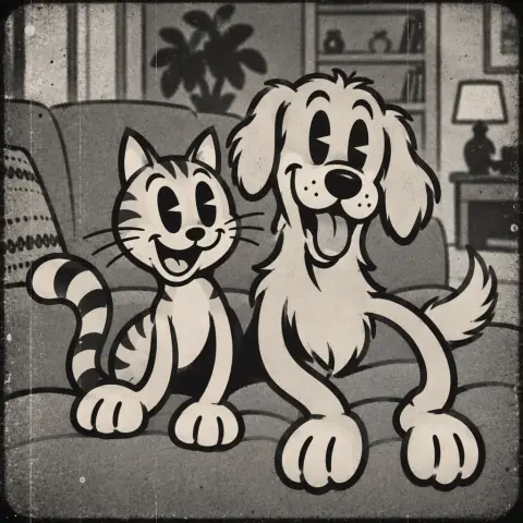 AI-generated photo of a cat and a dog sitting side by side on a sofa in the Rubber Hose Cartoon style