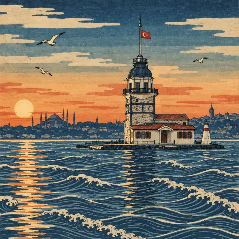 AI-generated photo of the Maiden's Tower in Istanbul in the Ukiyo-e style